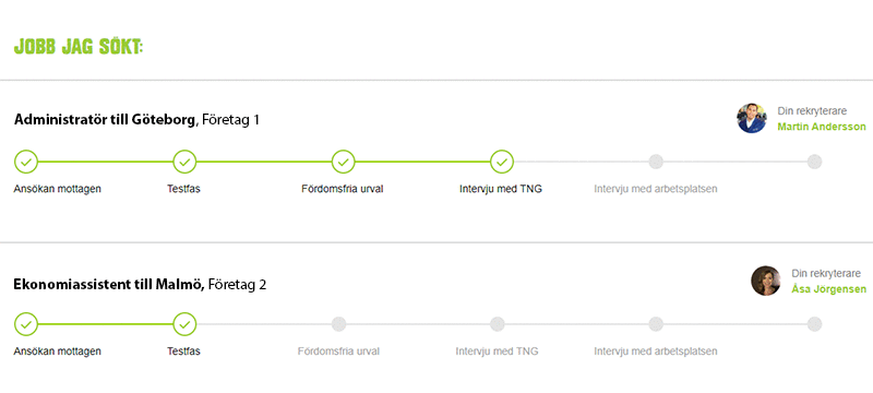 Följ din ansökan. Ny digital tjänst för jobbsökare från TNG. Tidslinjen visar hur långt din ansökan kommit i rekryteringsprocessen.