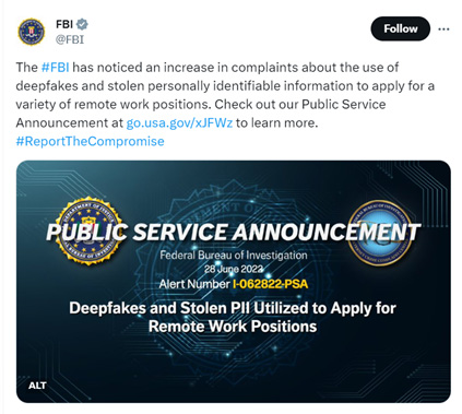 FBI varnar för deepfakes i rekrytering.