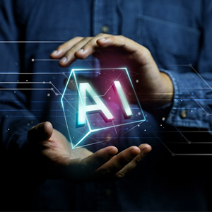 Händer och en ai-kub. Ska symbolisera ekonomi och ai