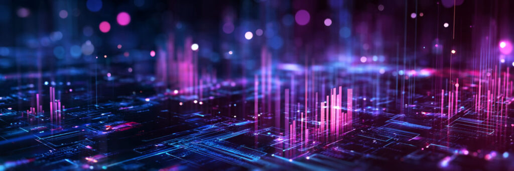 Abstrakt illustration av AI och datadrivna insikter som symboliserar framtidens ledarskap och strategisk kompetensförsörjning – i linje med TNG:s arbete med innovation inom rekrytering