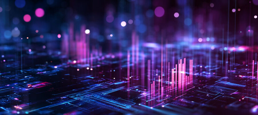 Abstrakt illustration av AI och datadrivna insikter som symboliserar framtidens ledarskap och strategisk kompetensförsörjning – i linje med TNG:s arbete med innovation inom rekrytering