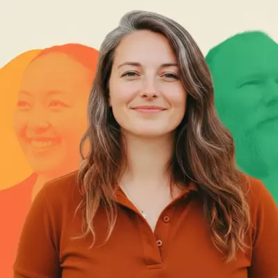 Porträtt av en kvinna framför färgade silhuetter av andra personer i bakgrunden.
