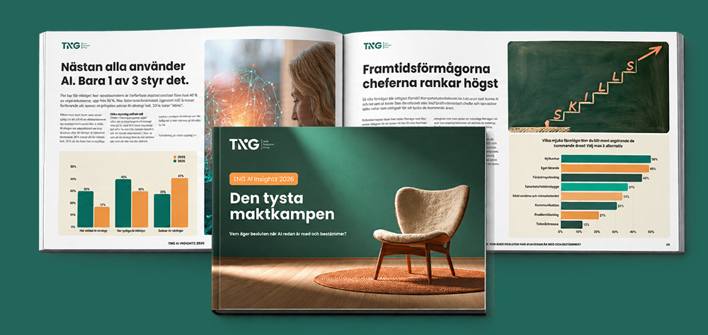 Uppslag ur rapport från TNG om hur AI påverkar ledarskap, beslut och kompetens. TNG AI Insights 2026: Den tysta maktkampen.