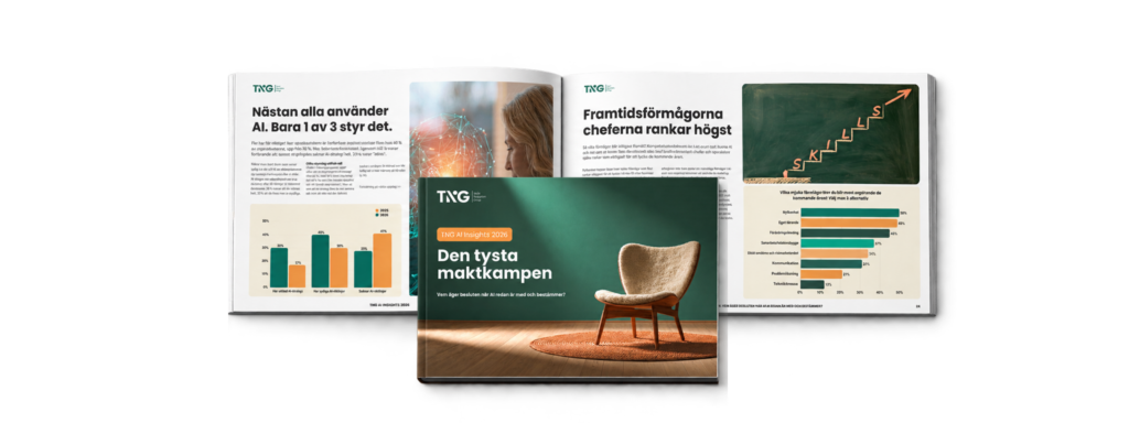 Uppslag ur rapport från TNG om hur AI påverkar ledarskap, beslut och kompetens. TNG AI Insights 2026: Den tysta maktkampen.