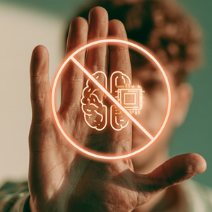 Hand i stoppgest med en förbudssymbol över en hjärna som är halvt mänsklig och halvt AI-chip, symbol för ghost judgment.