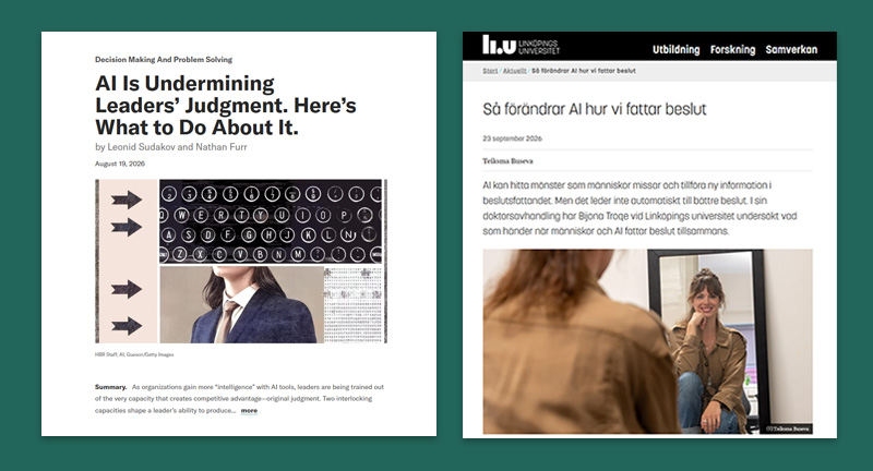 Utklipp från artiklar från Forbes och Linköpings universitet som handlar om hur AI förändrar hur vi fattar beslut.